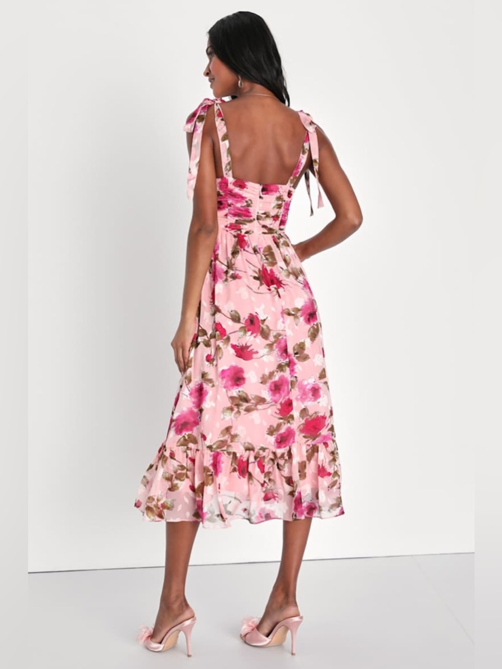 Lulus Lush Loveliness Pink Floral Jacquard Tie-Strap Midi‎ Dress Size S NWT - Picture 2 of 8